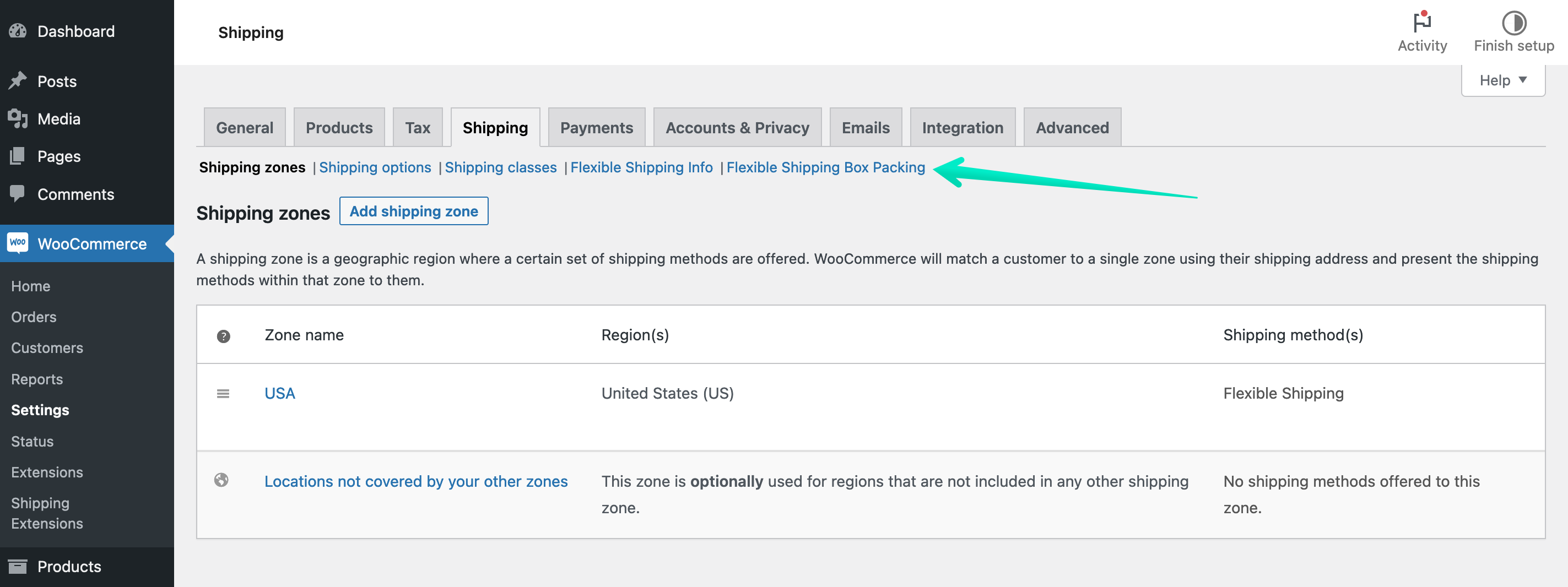 flexible shipping box packing at woocommerce-settings