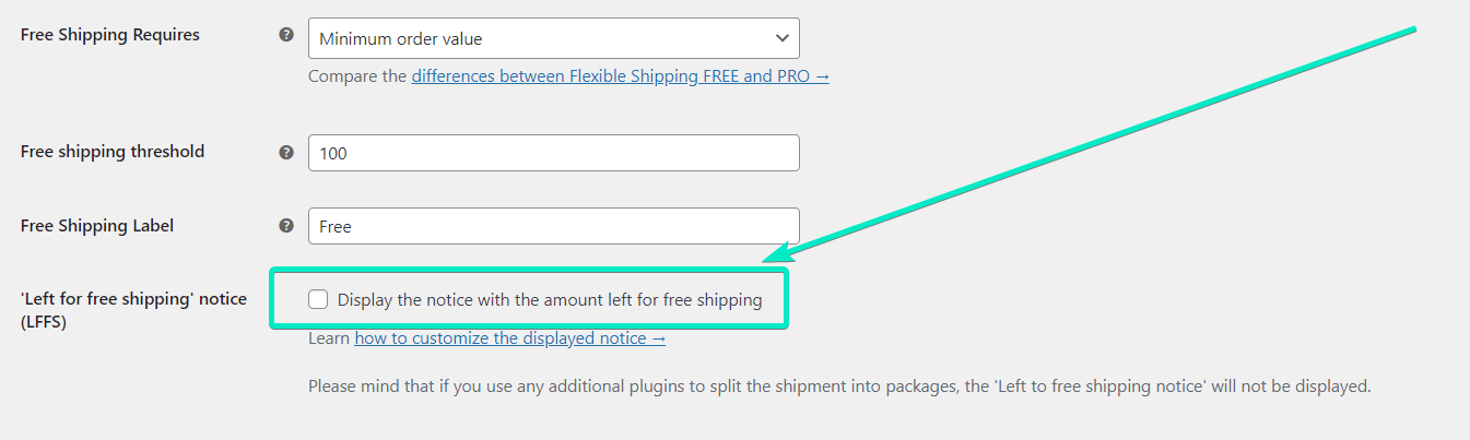 Display the notice with the amount left for free shipping