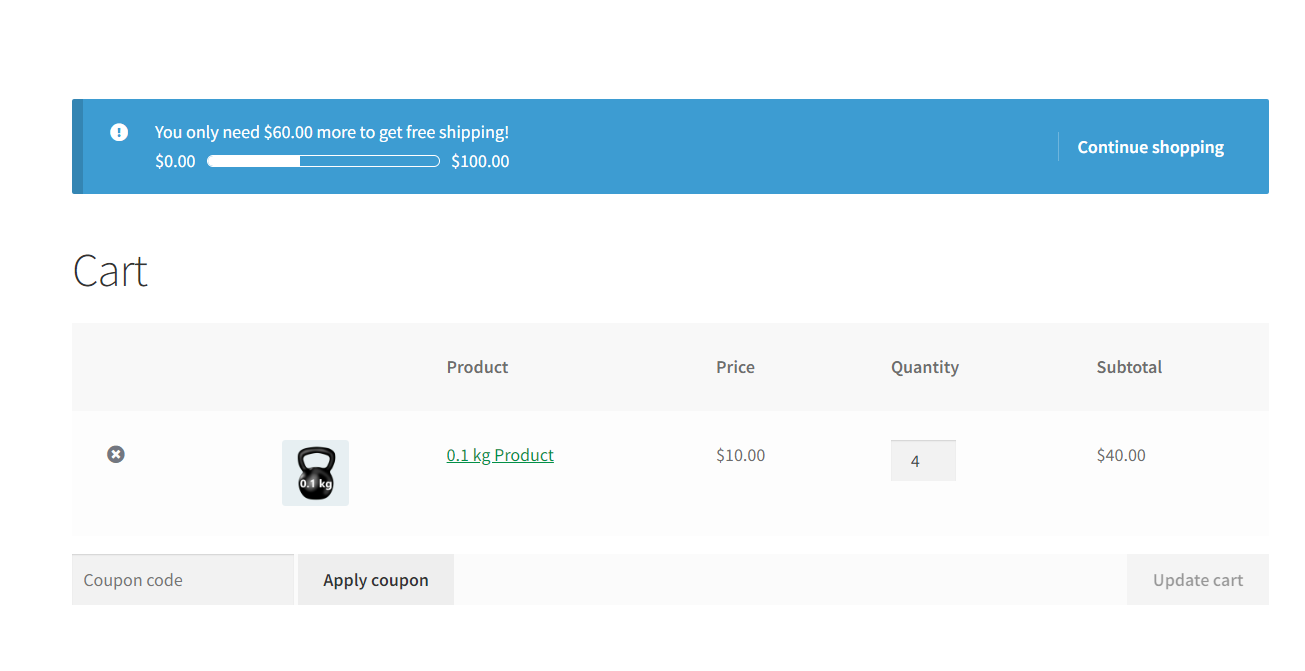 WooCommerce free shipping progress bar in action
