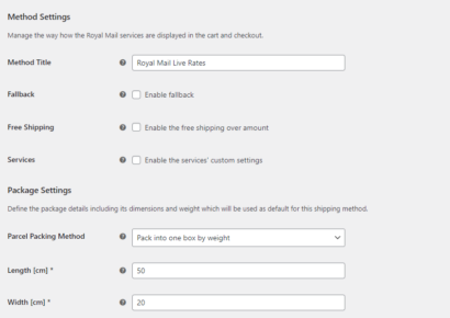 Royal Mail Live Rates Woocommerce Shipping Method Settings