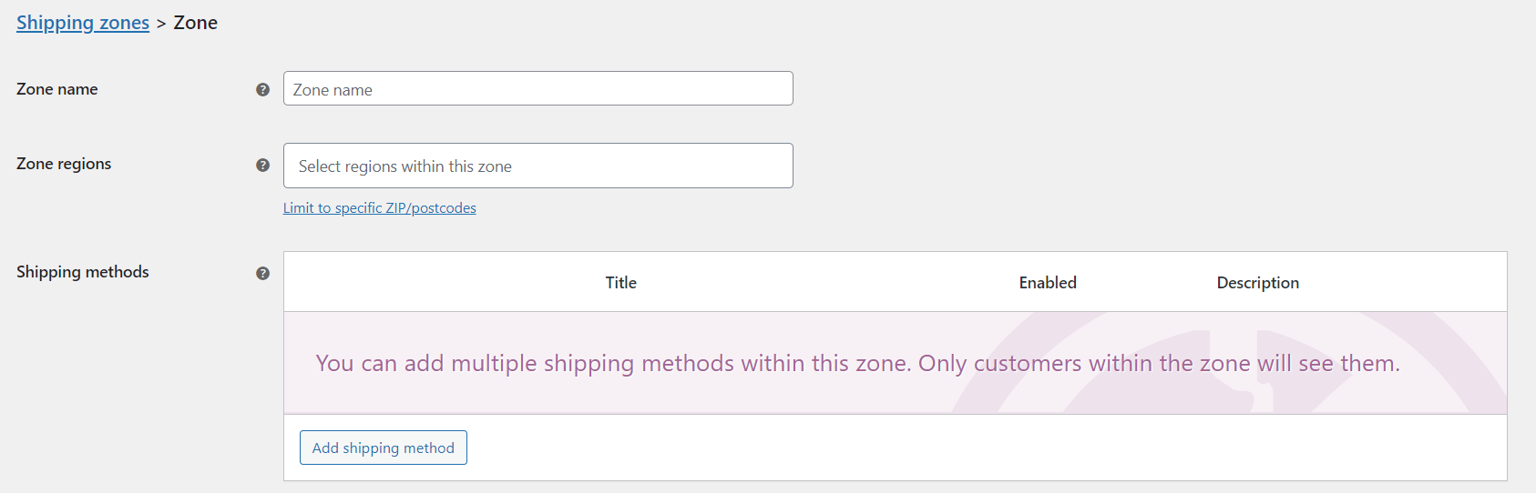new shipping zone settings