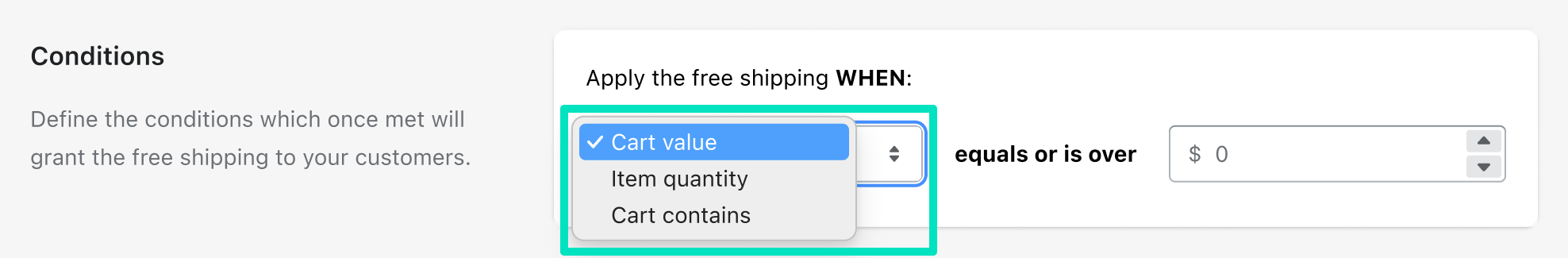 Octolize Free Shipping Goals rules select