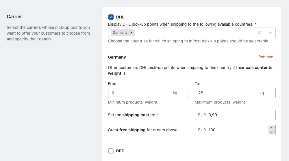 octolize pick up points pro individual settings