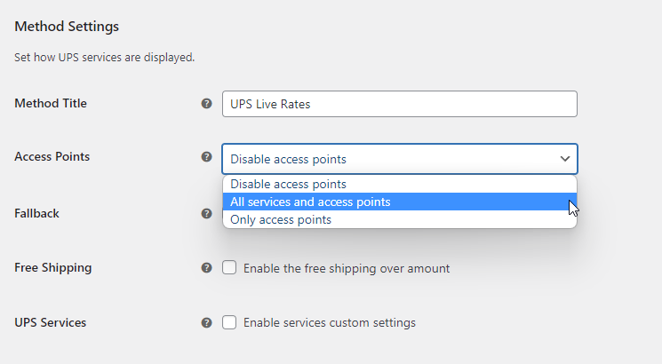 UPS WooCommerce Access Points selection