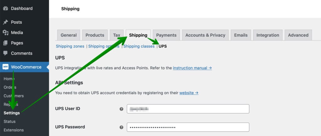 UPS WooCommerce plugin settings