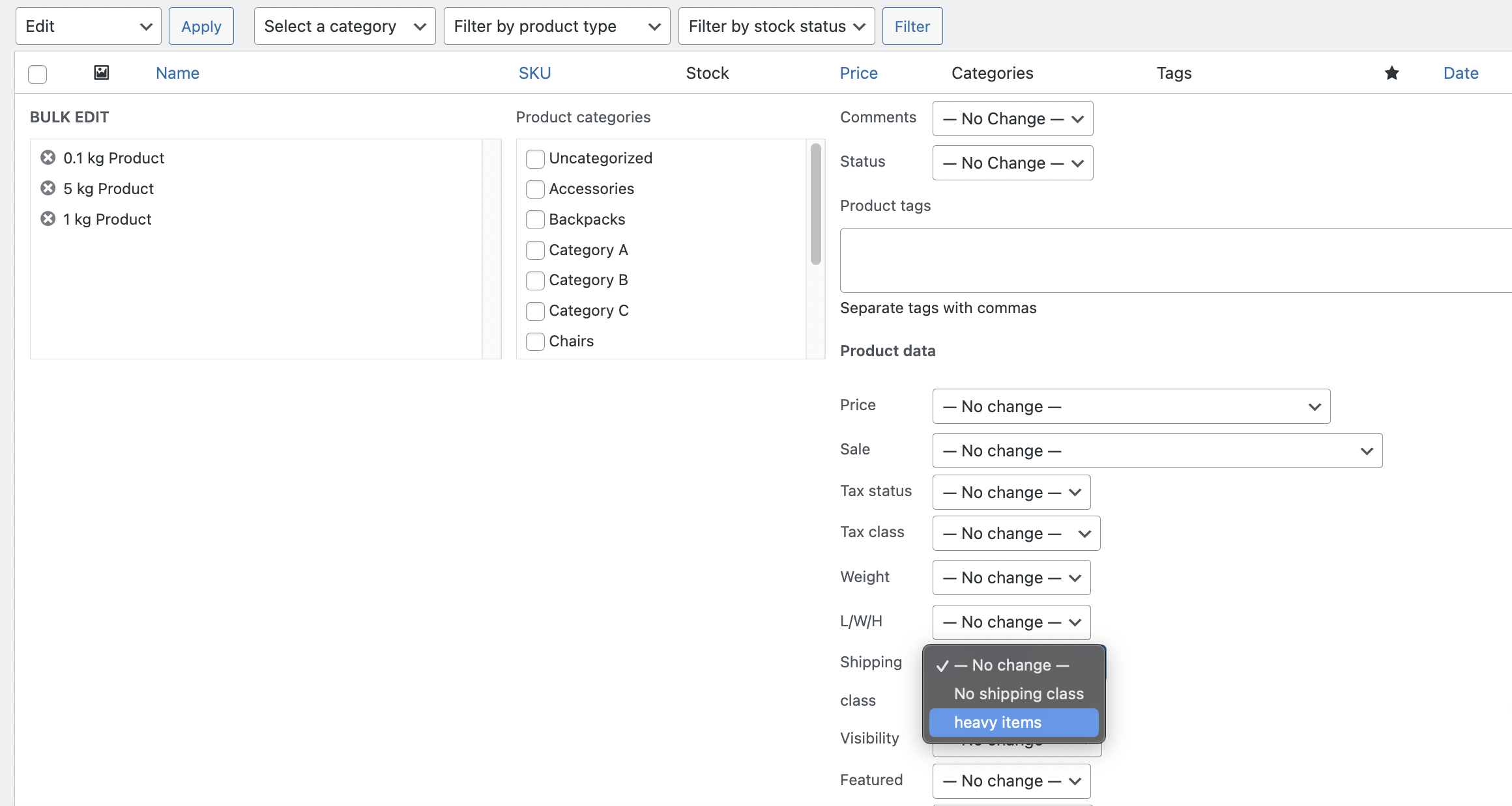 bulk setting shipping classes