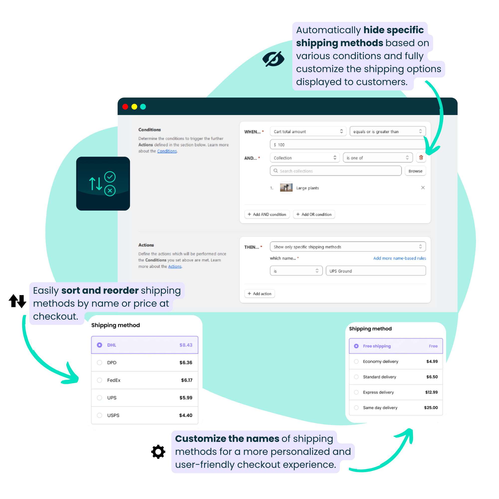 screenshots displaying app functionalities marked with text explanations