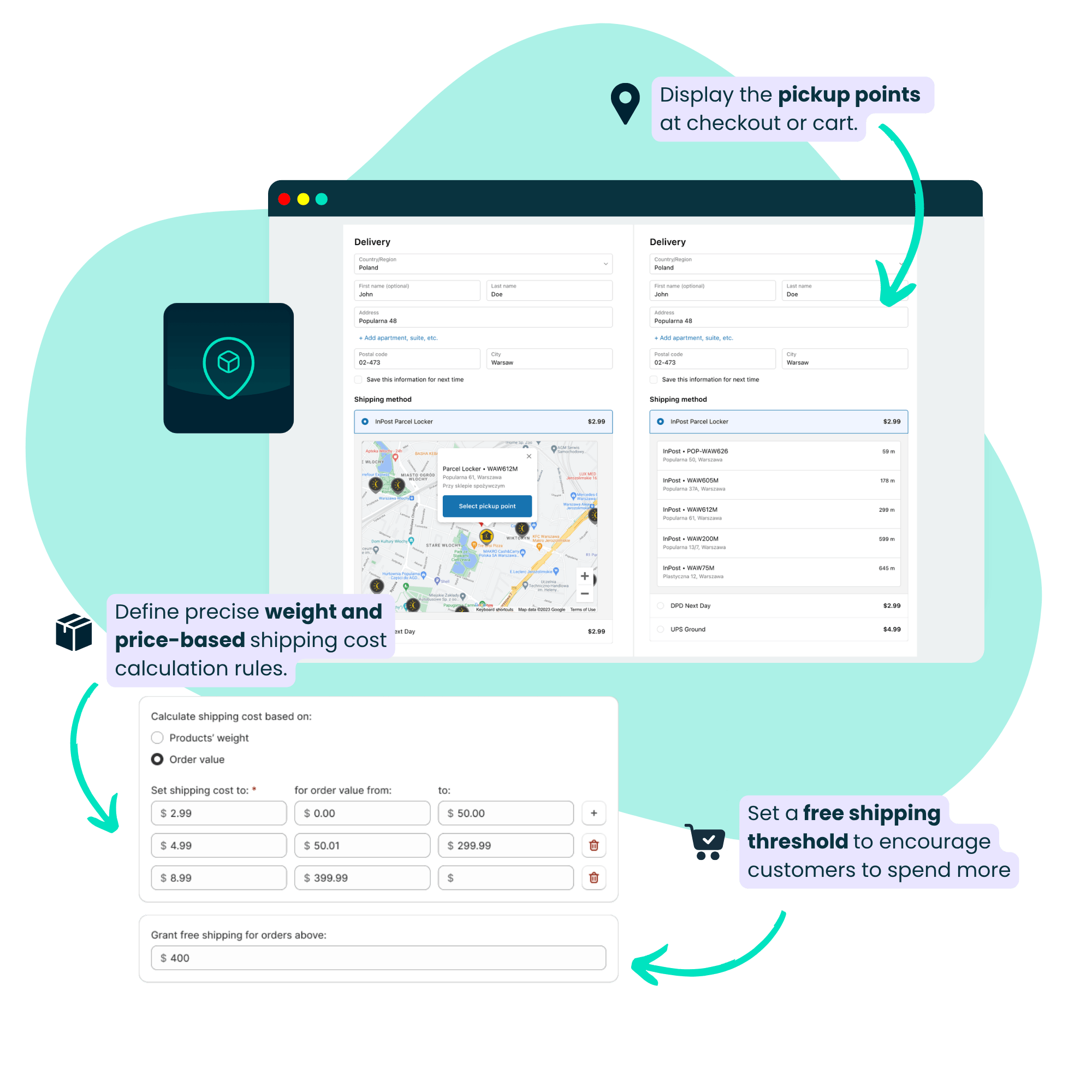 screenshots displaying app functionalities marked with text explanations