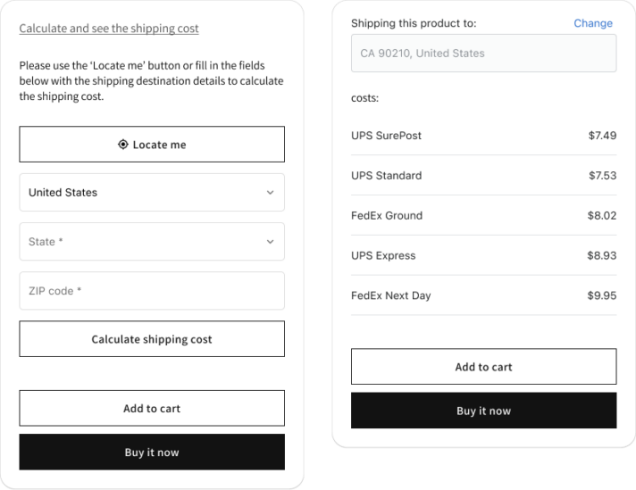 Shopify Shipping Rates calculator on product page