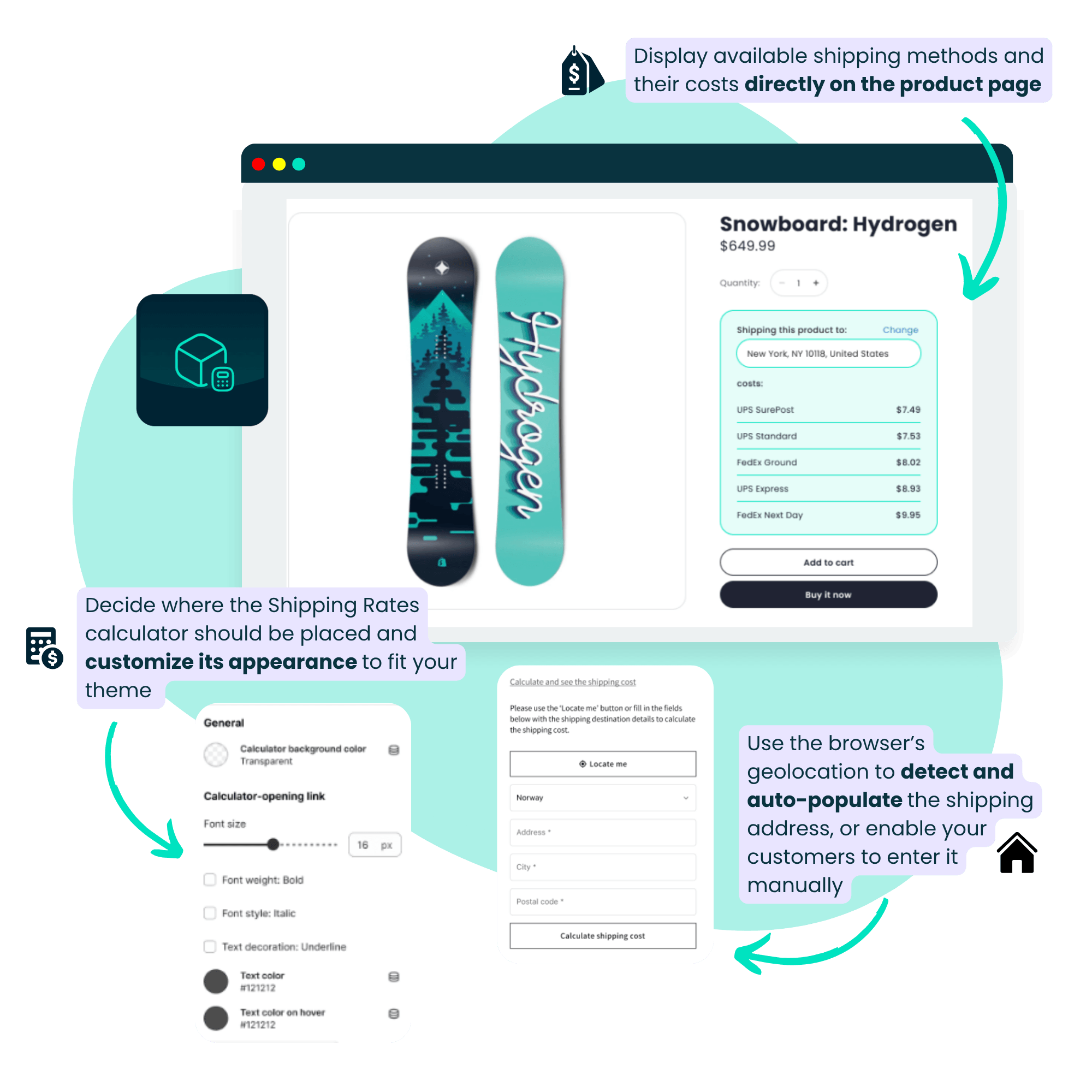 screenshots displaying app functionalities marked with text explanations