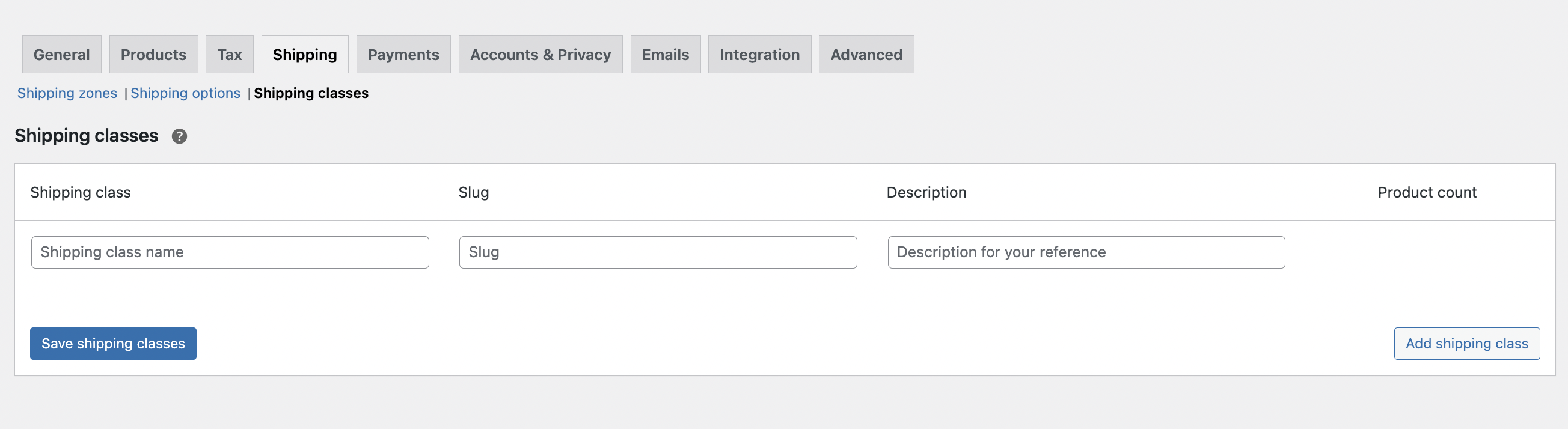 WooCommerce shipping class configuration