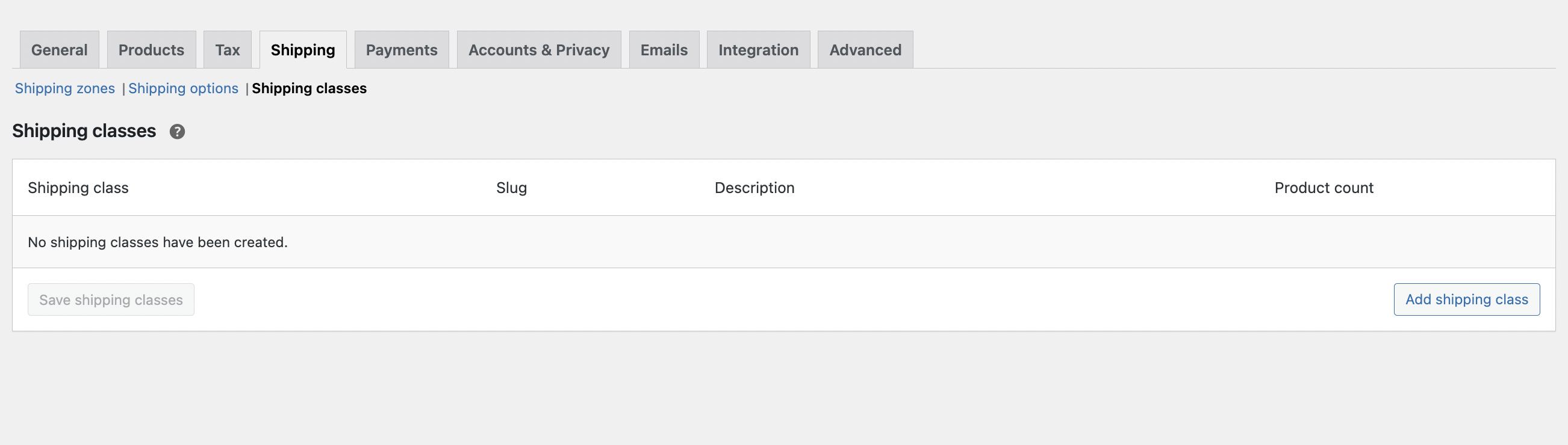 WooCommerce shipping classes settings