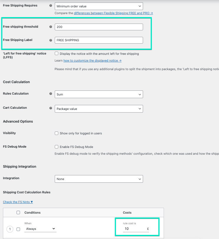 Configure free shipping over amount