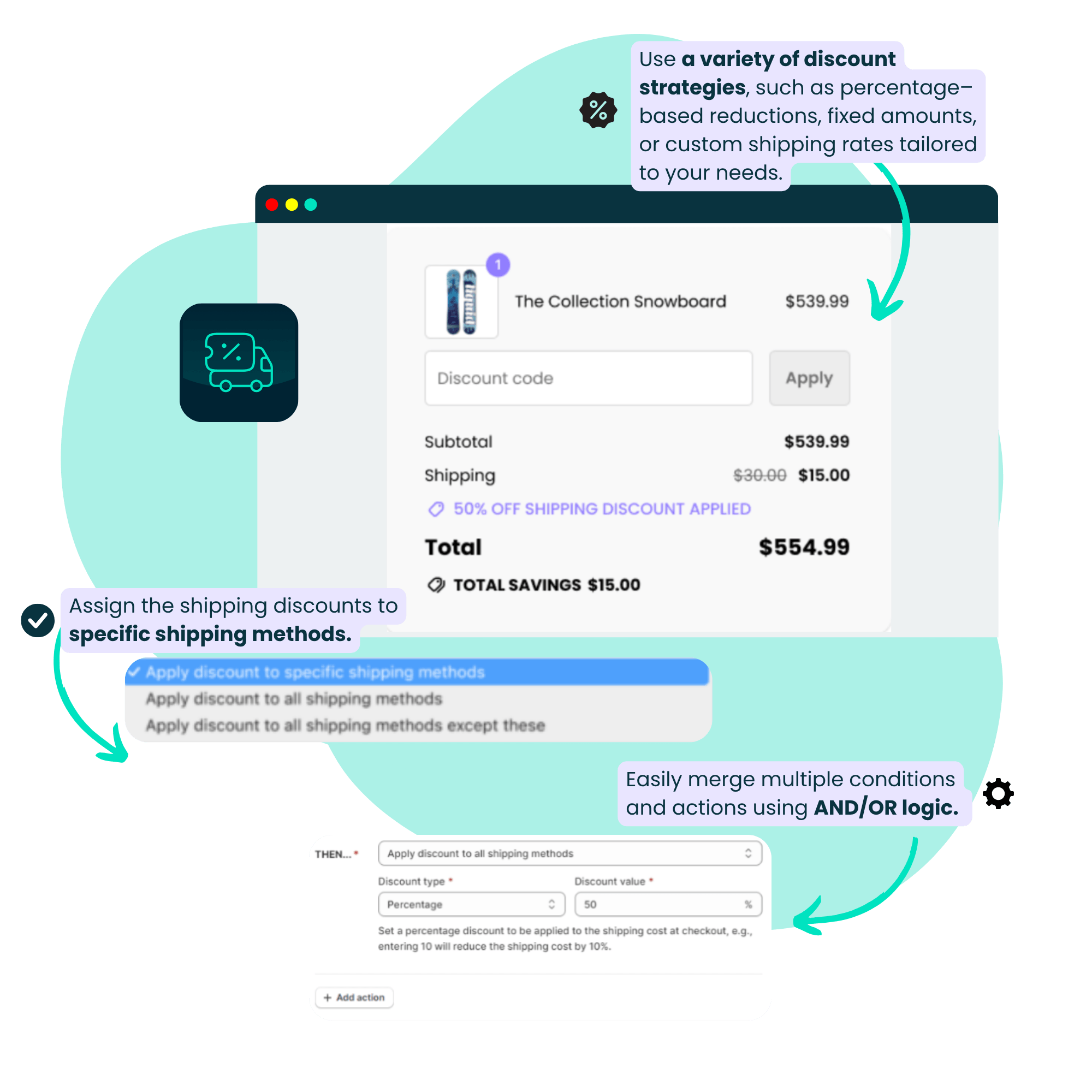 screenshots displaying app functionalities marked with text explanations