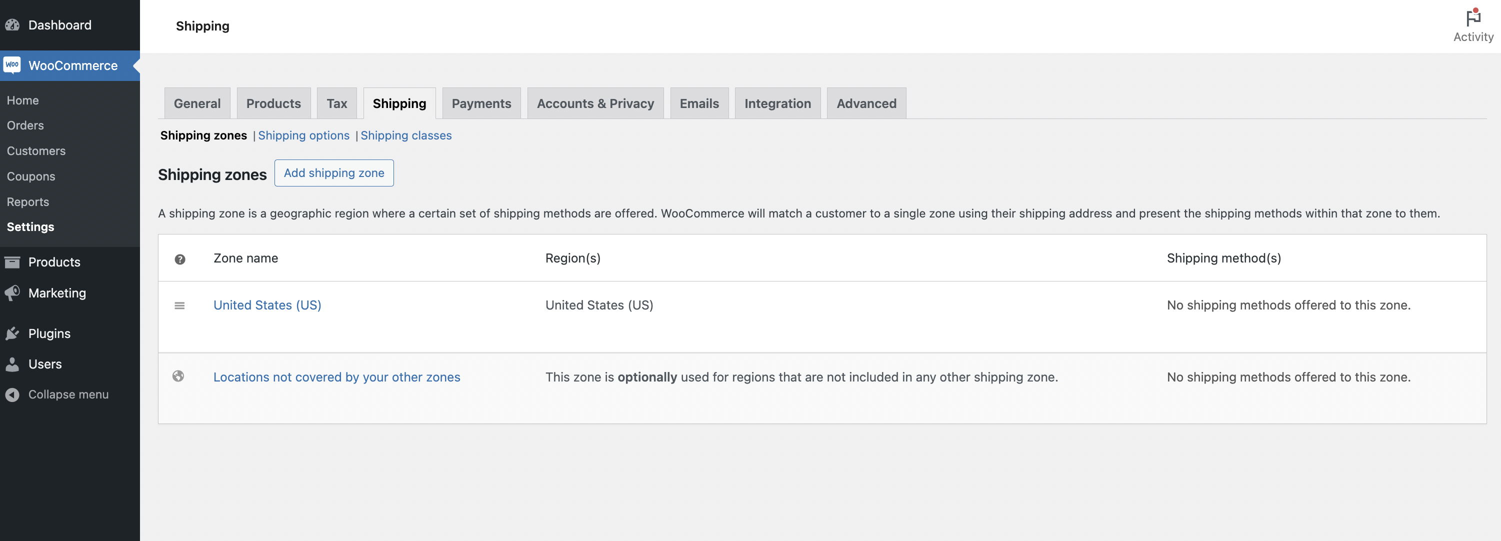 WooCommerce shipping settings