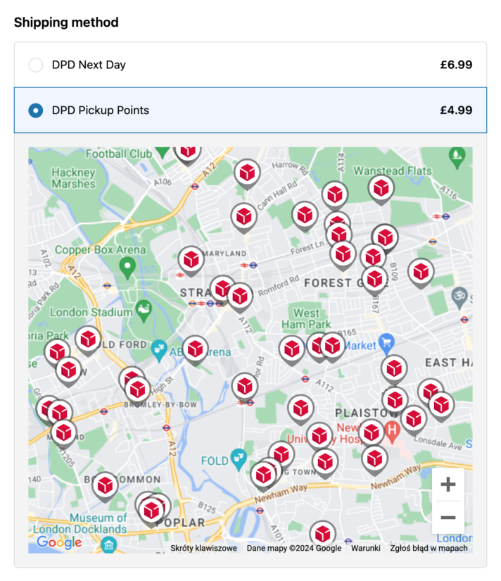 DPD Pickup points displayed at Shopify checkout