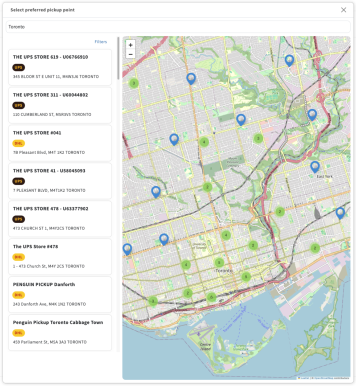 UPS and DHL pickup points displayed on a map when shipping to Canada