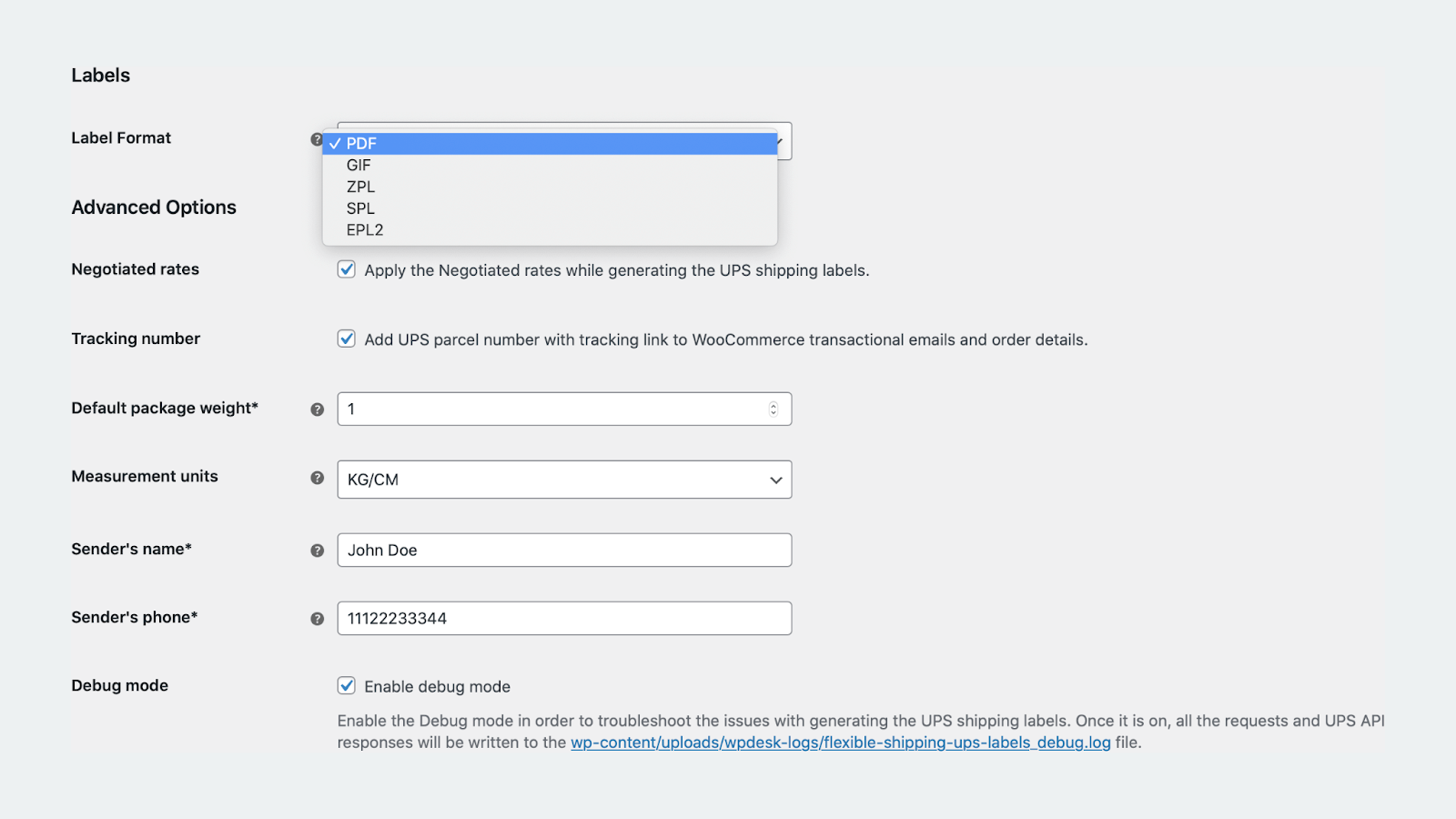 UPS Labels configuration settings