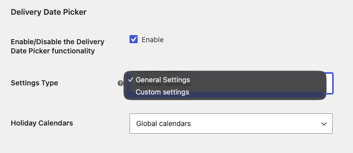 Delivery Date Picker - Settings Type