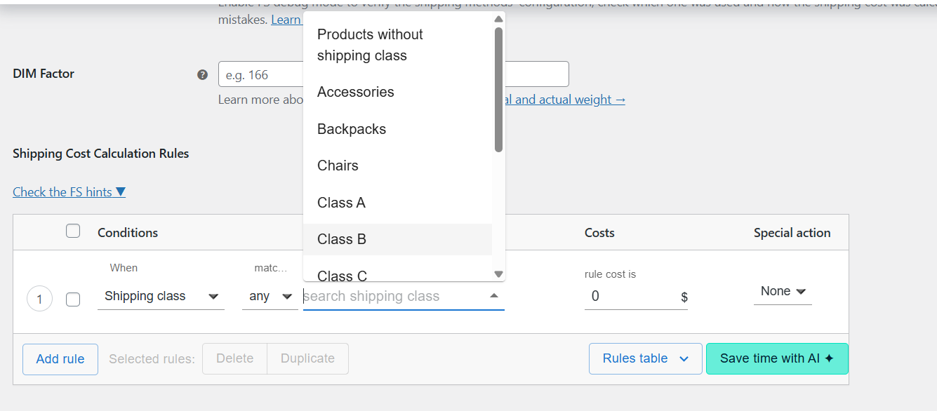 choose shipping class