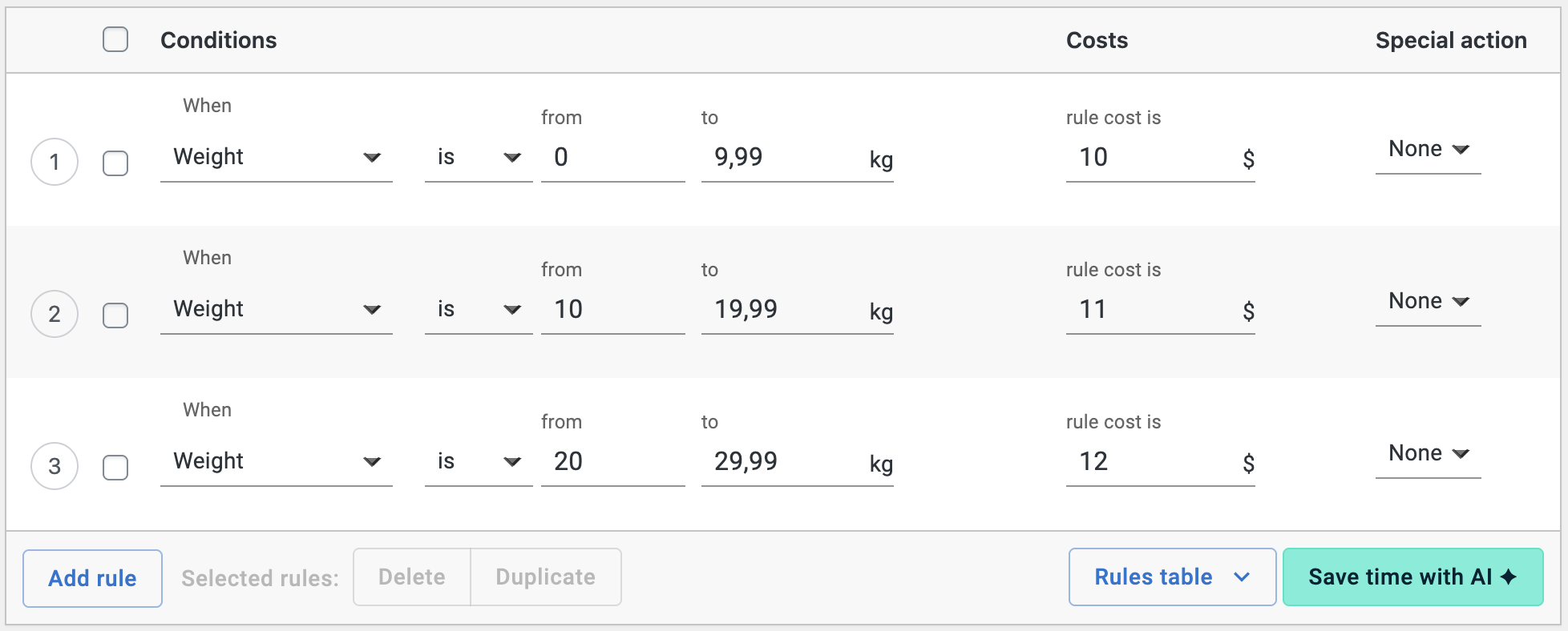 screen 1 - shipping rules table with ai assistant flexible shipping pro configuration