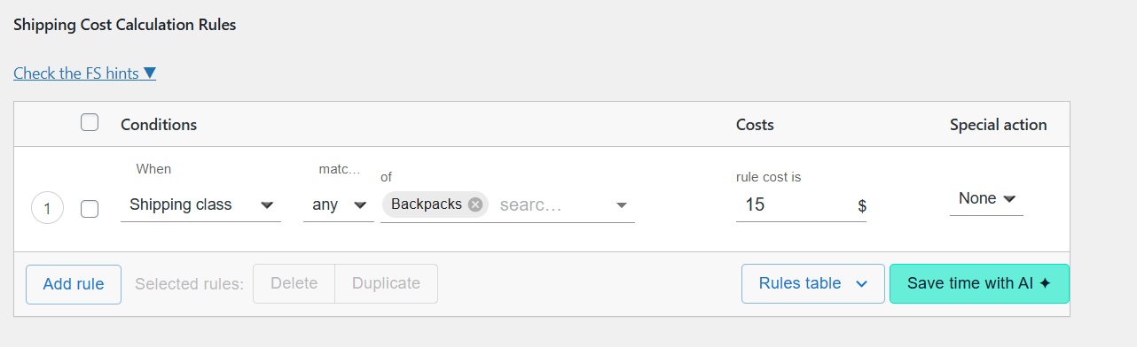 shipping cost based on backpacks shipping class