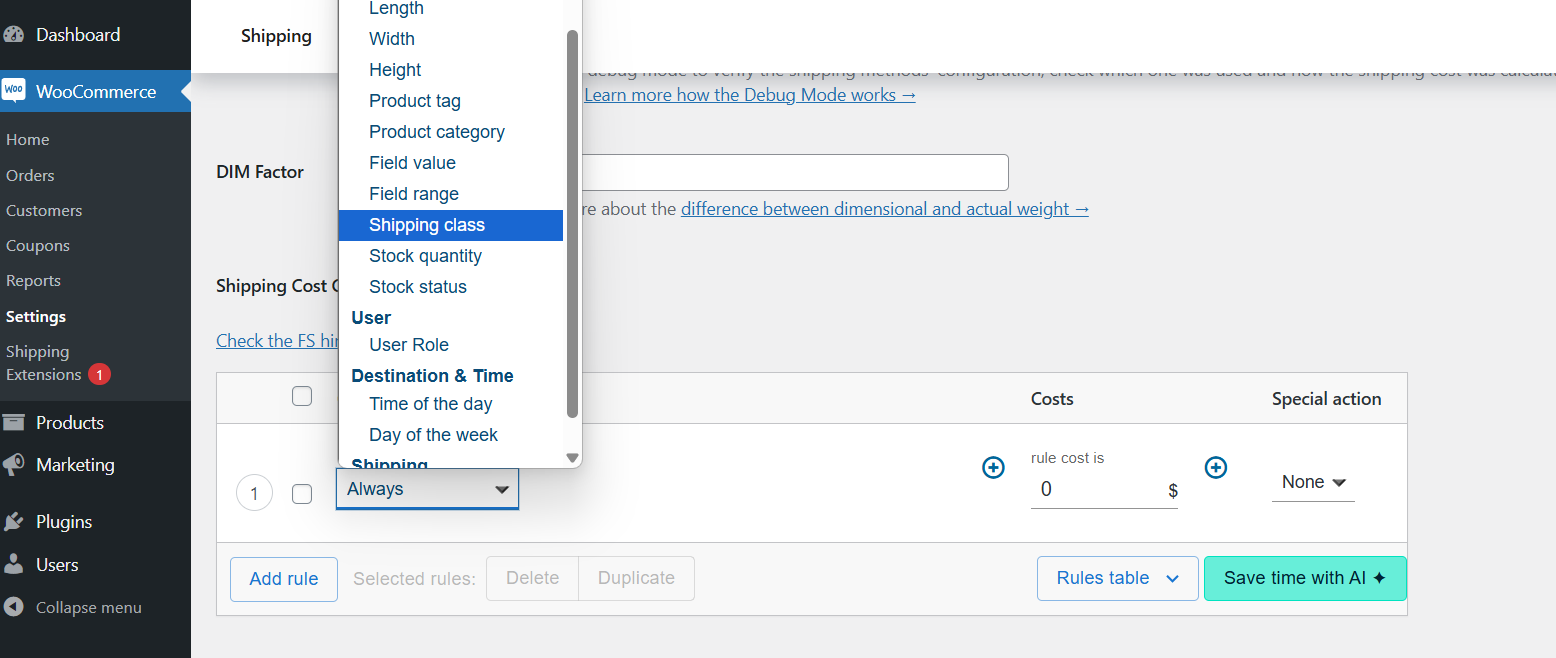 shipping cost based on shipping class