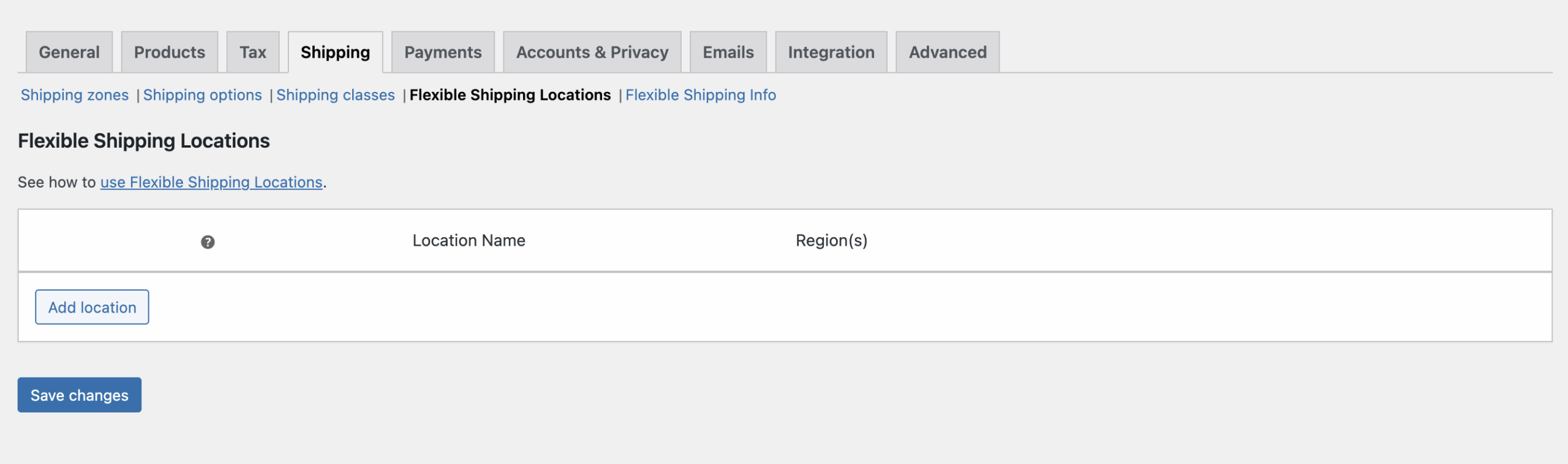 Flexible Shipping Locations configuration screen