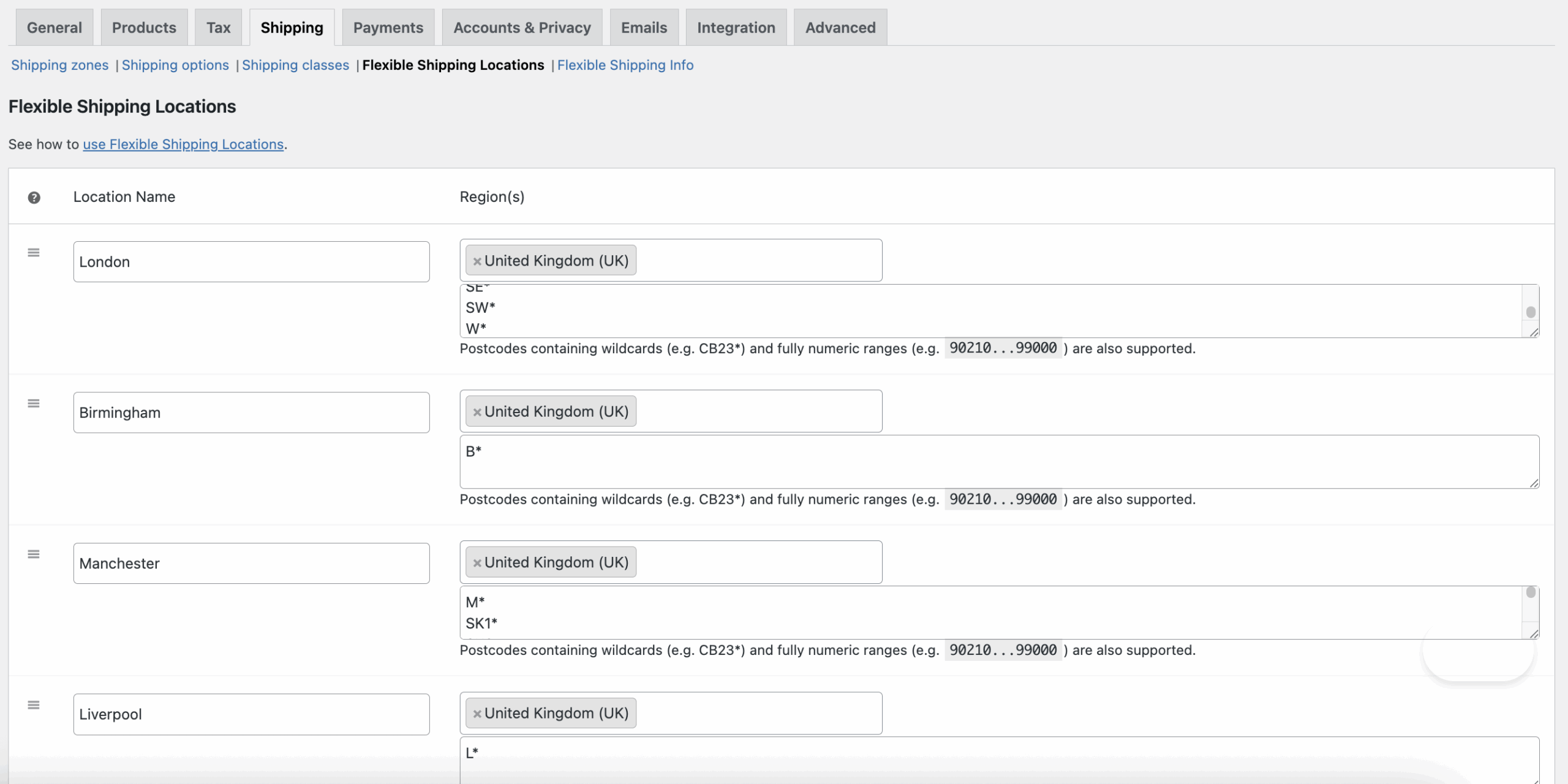 Flexible Shipping Locations configuration with configured locations