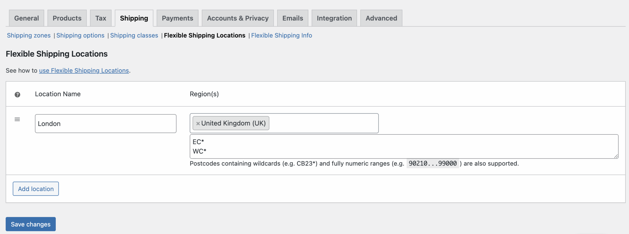 location with configured postcodes