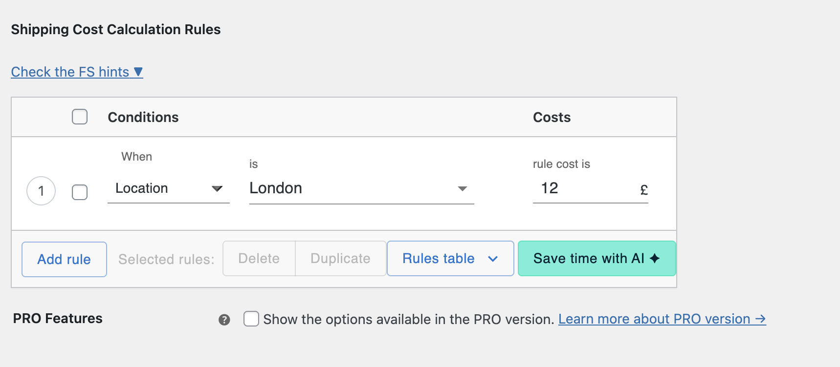 set shipping cost for specific location