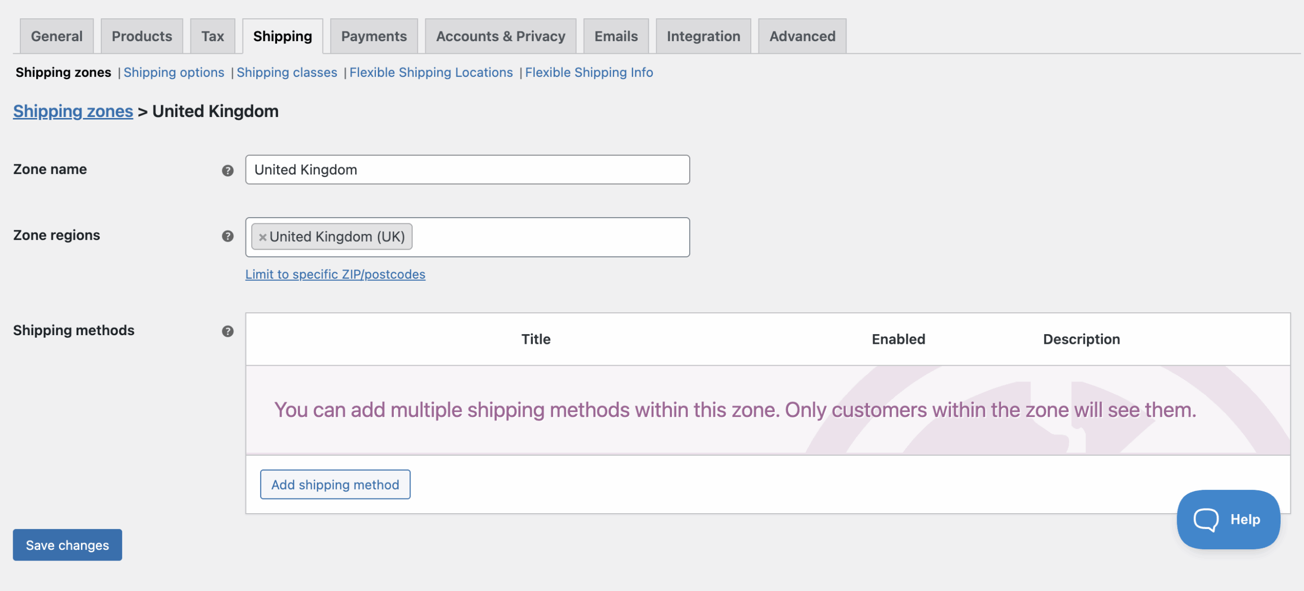 united kingdom shipping zone with no shipping methods