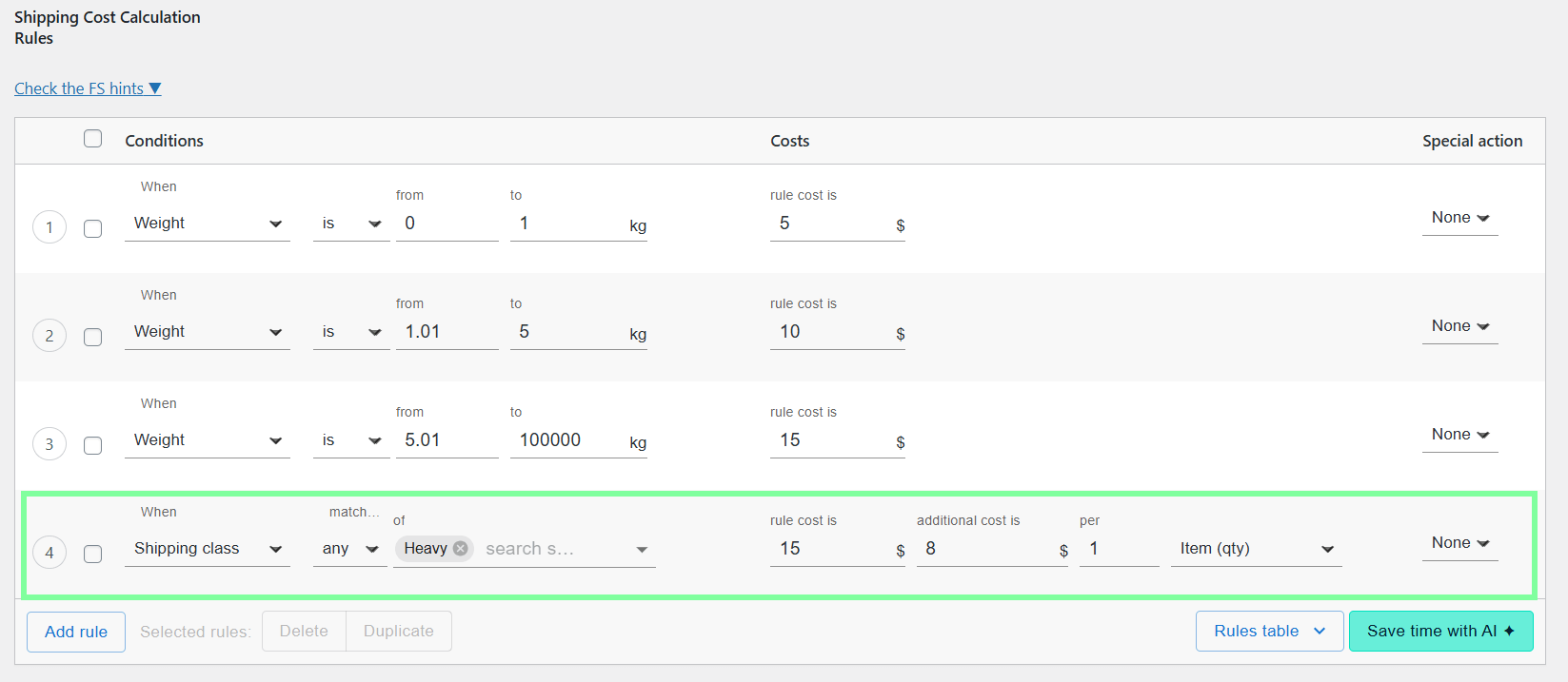 Flexible Shipping shipping class based rules