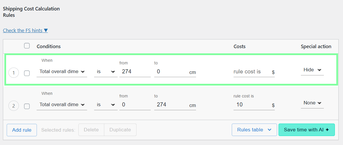 Flexible Shipping total overall dimensions based rules