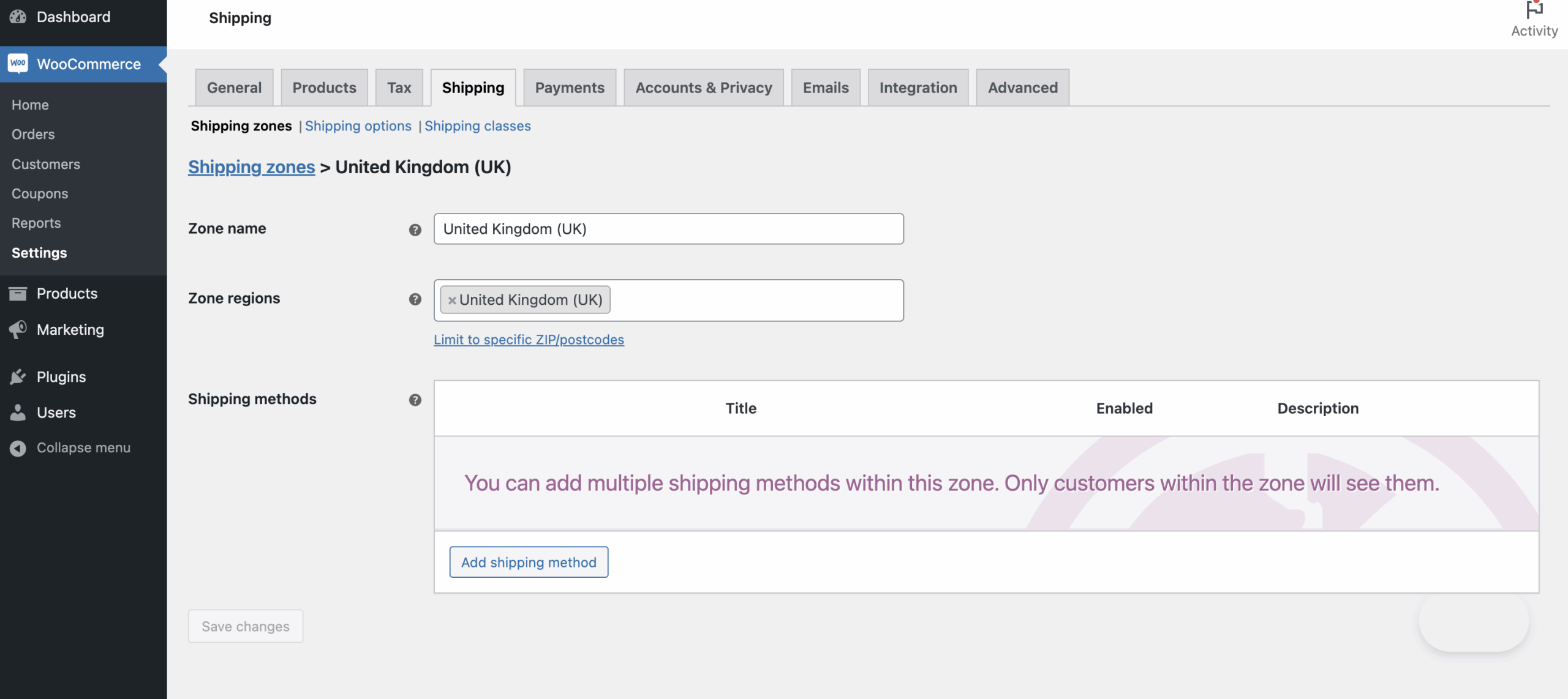 WooCommerce shipping zone with no shipping method