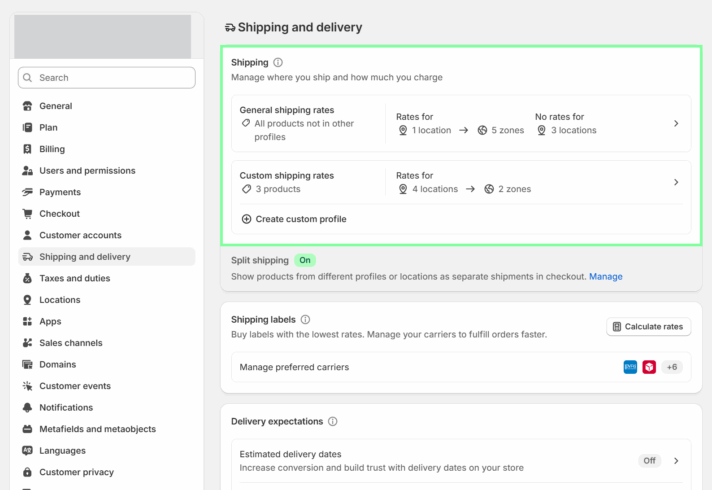 Shopify shipping profiles