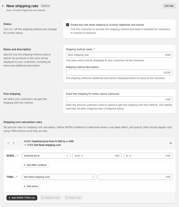 Shopify shipping rate configuration menu