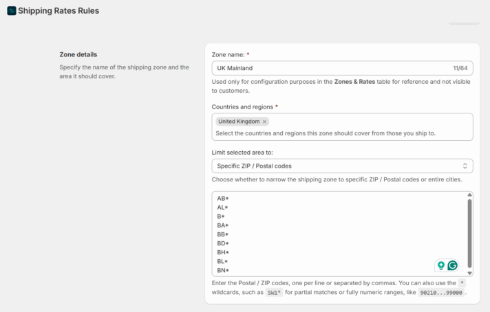 Shopify Shipping Rates Rules & Zones zone example UK mainland