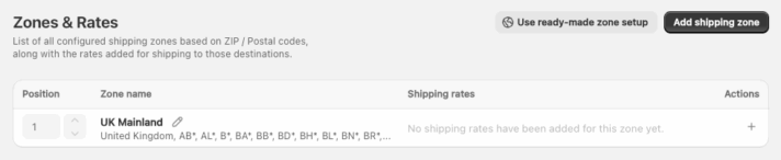 Shopify Zones and Rates list view