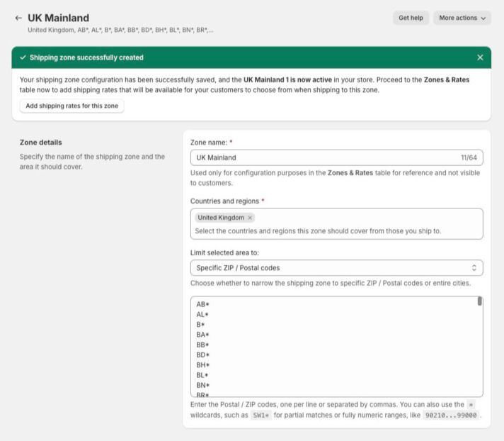 UK Mainland Shopify Zones by Postcodes