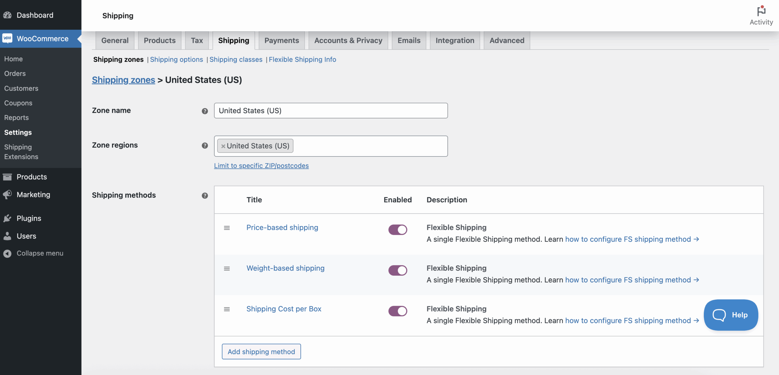woocommerce shipping zone with three flexible shipping methods