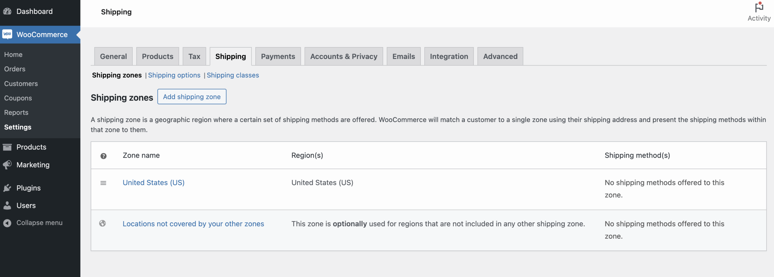 WooCommerce shipping zones tab