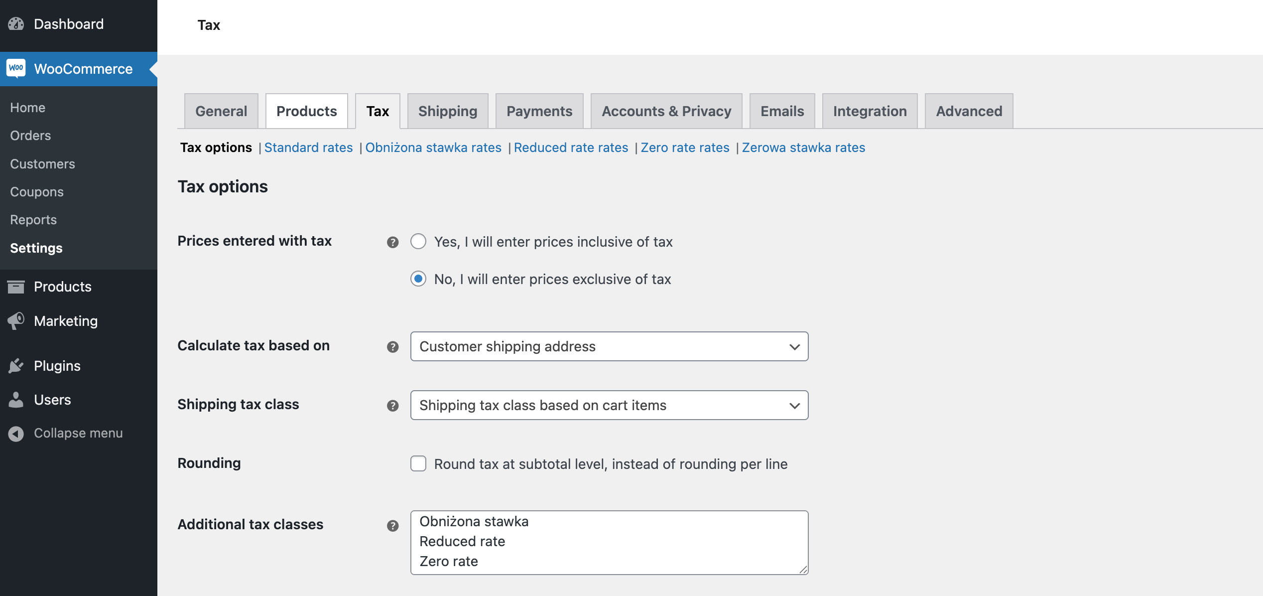 WooCommerce tax settings tab
