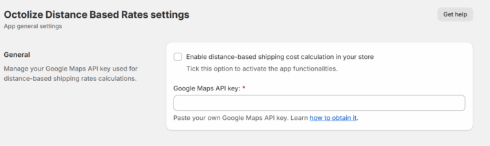 Octolize Distance Based Rates general settings Google Maps API key