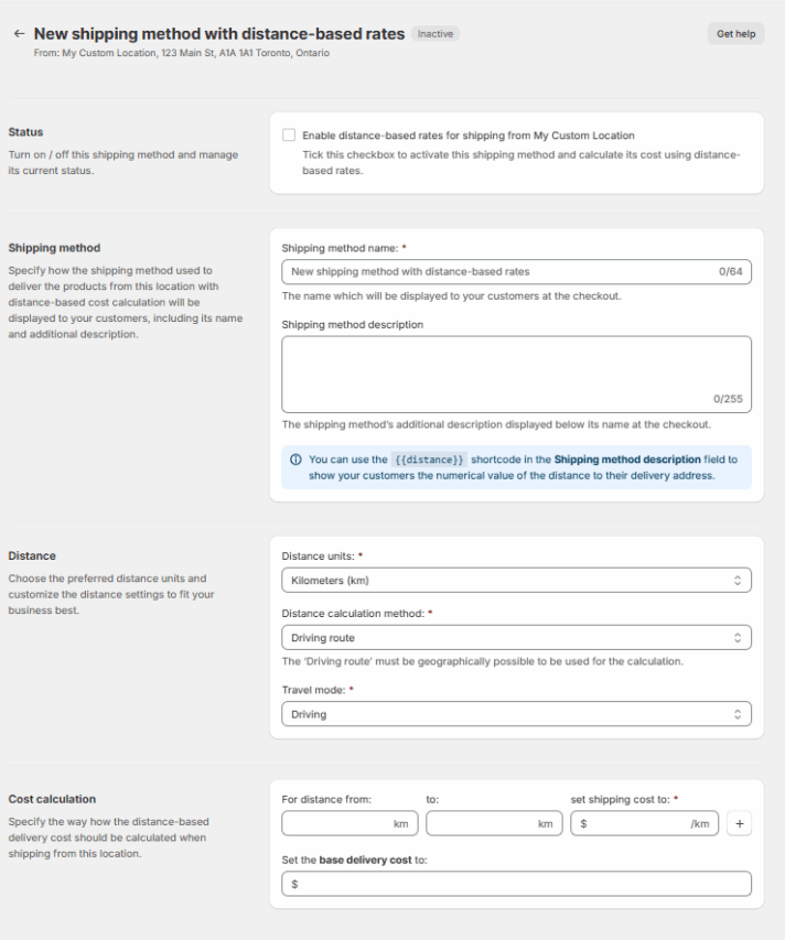 Octolize Distance Based Rates Location Delivery Cost Configuration Screen
