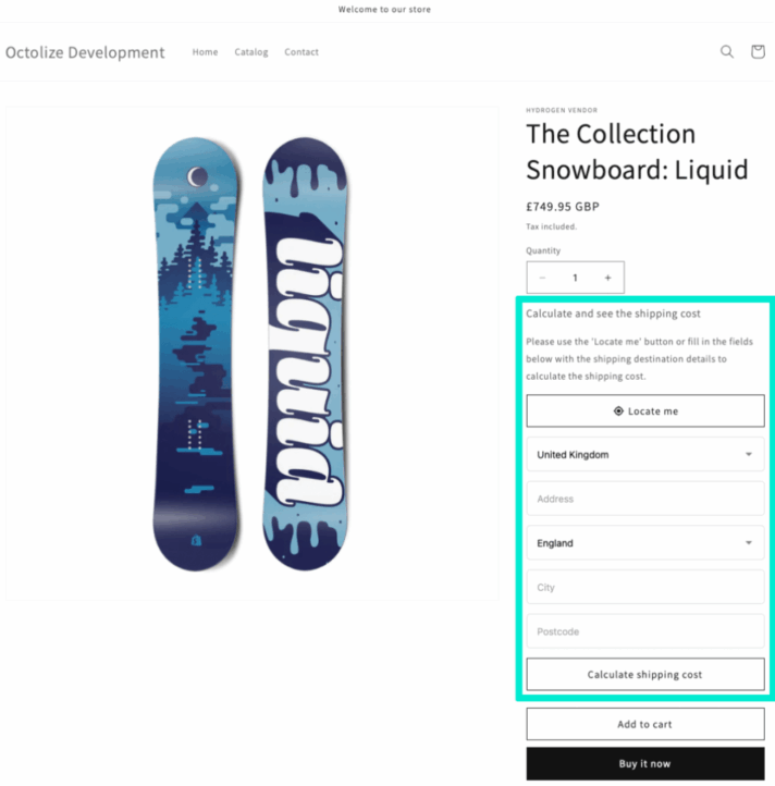 Octolize Product Page Shipping Rates Calculator Opened