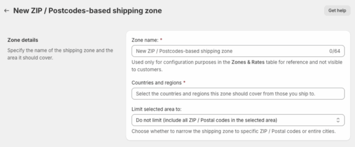 Custom shipping zone configuration screen