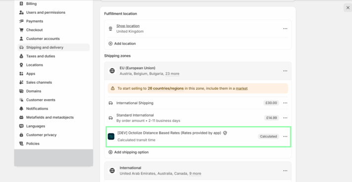 Shopify Distance Based Rates added to zones