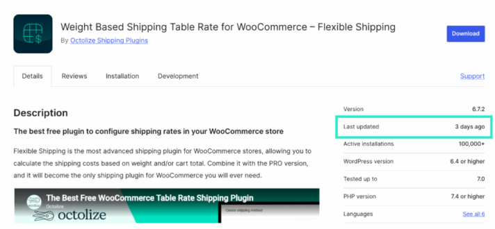 WordPress repository screenshot showing Flexible Shipping plugin updates
