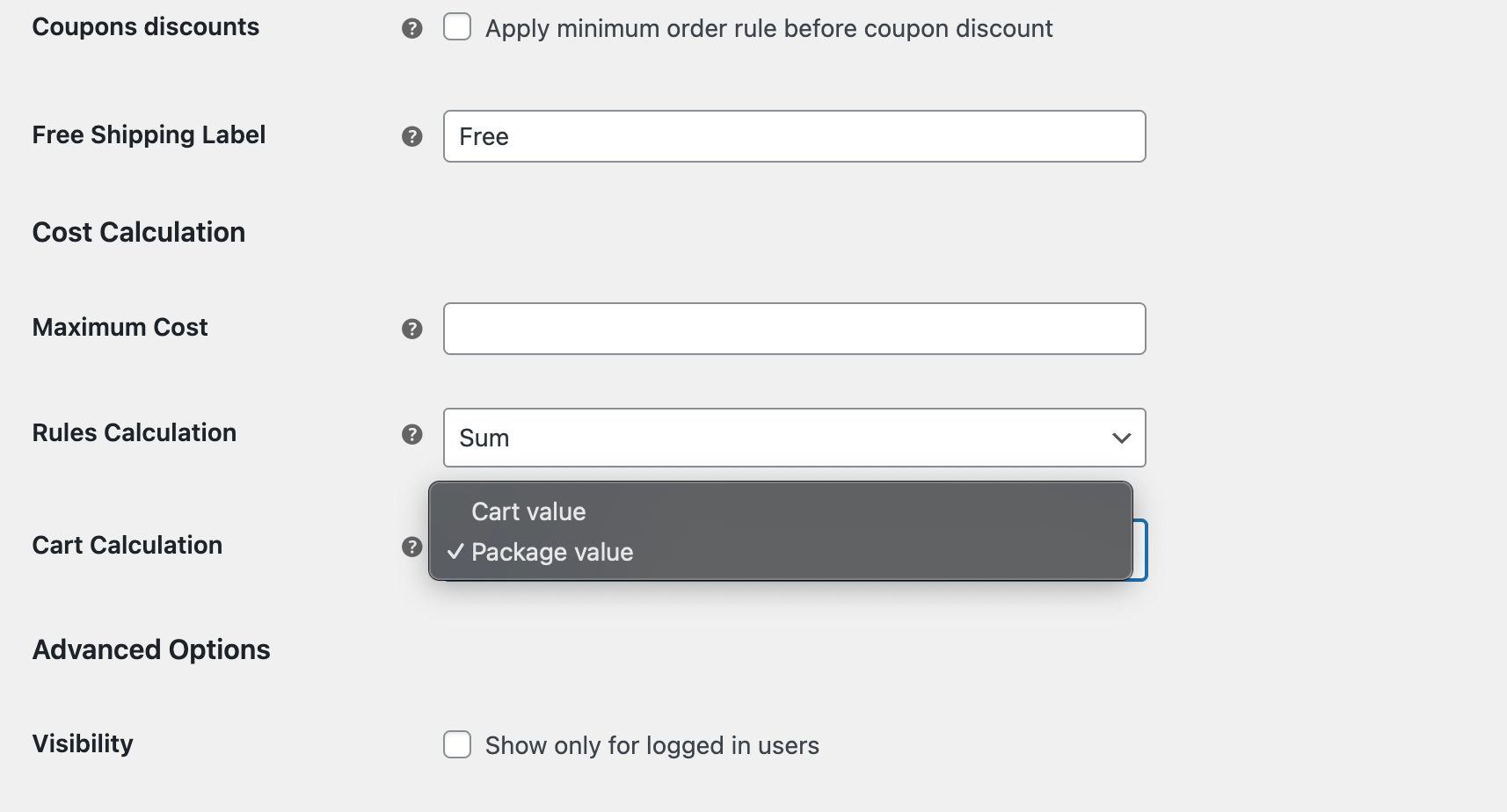 set cost calculation based on package value